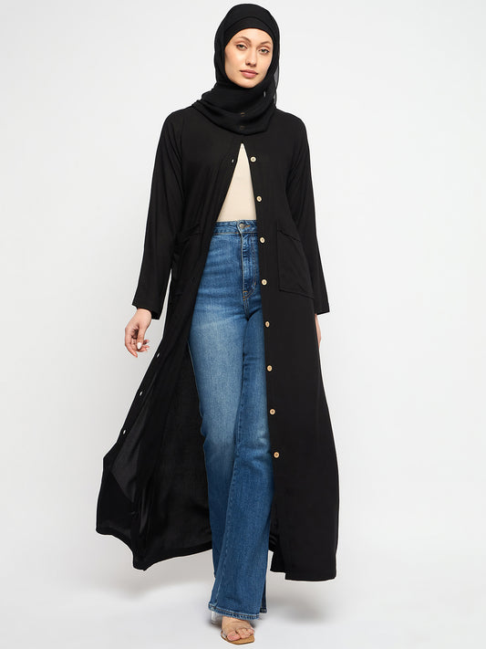Black Rayon Front Open Abaya with Georgette Scarf
