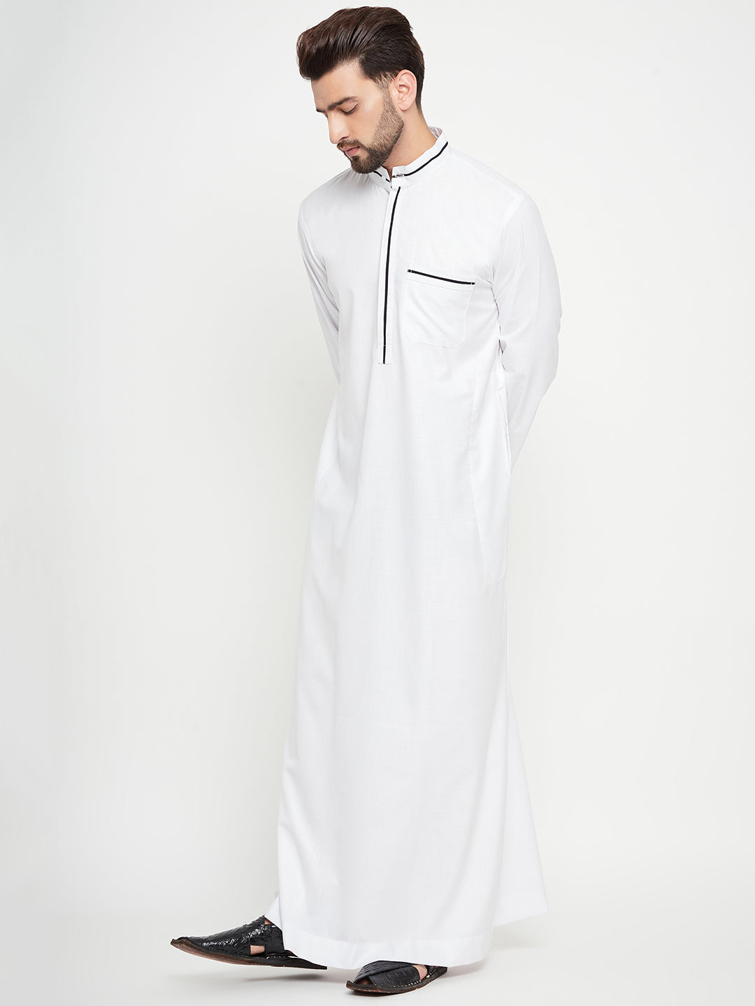 Nabia White Solid Mens Thobe/Jubba with Blue Piping Design