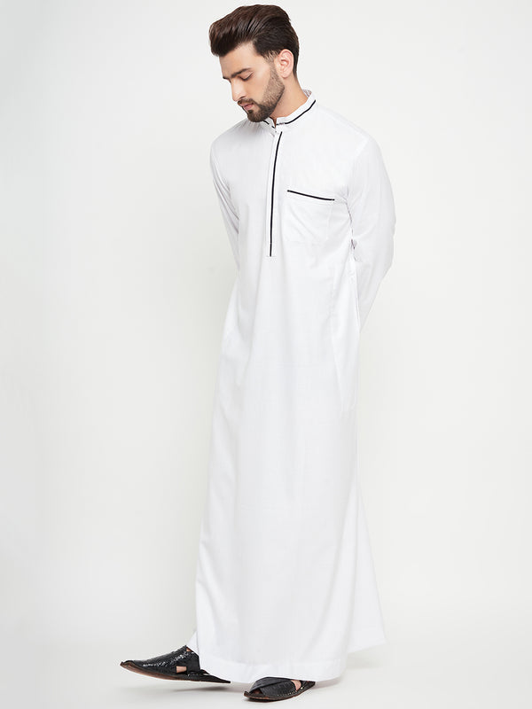 Nabia White Solid Mens Band Collar Thobe / Jubba with Blue Piping Design