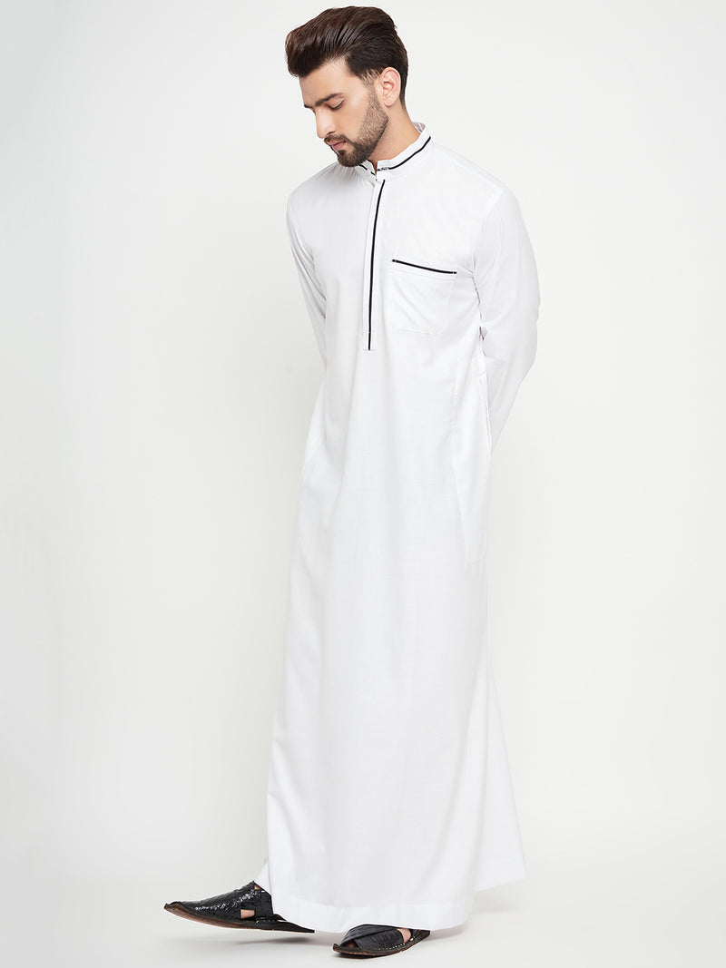 Nabia White Solid Mens Band Collar Thobe / Jubba with Blue Piping Design