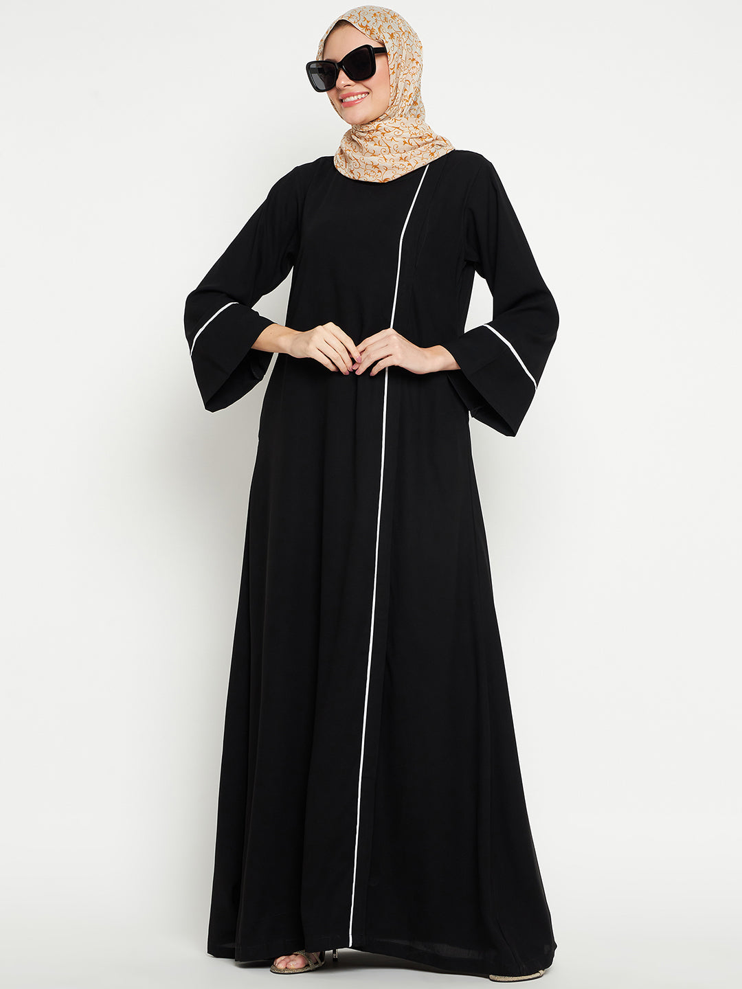 Nabia Women Black Side Open Aline Abaya Burqa for women Georgette Scarf