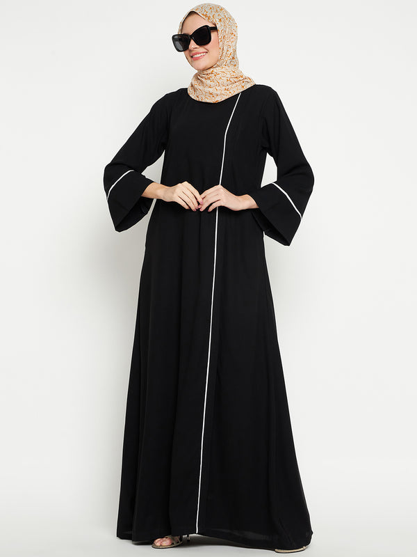 Nabia Women Black Solid Aline Abaya Burqa For Women Georgette Scarf