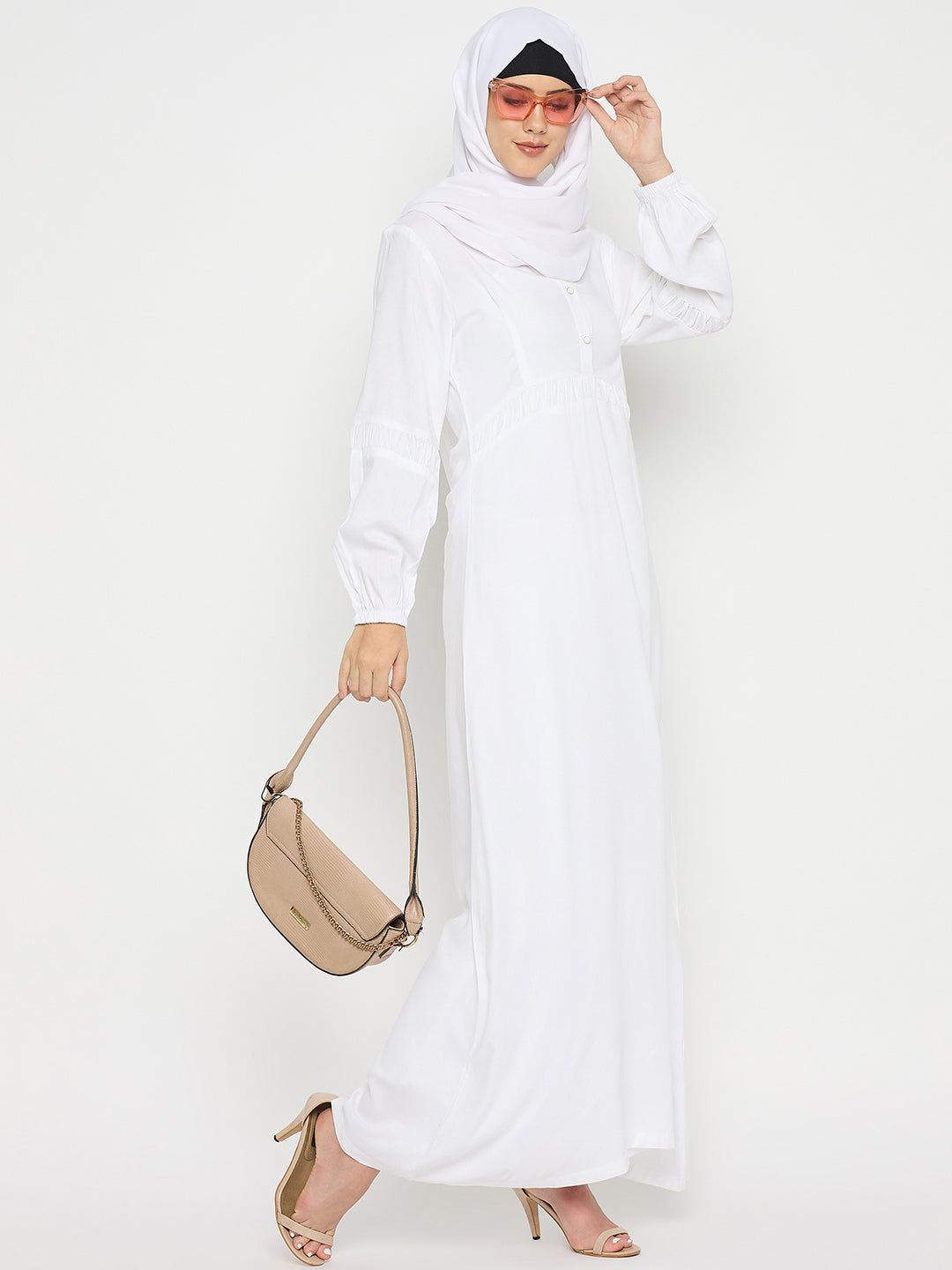 White Rayon V-Neck Solid Abaya with Black Hijab