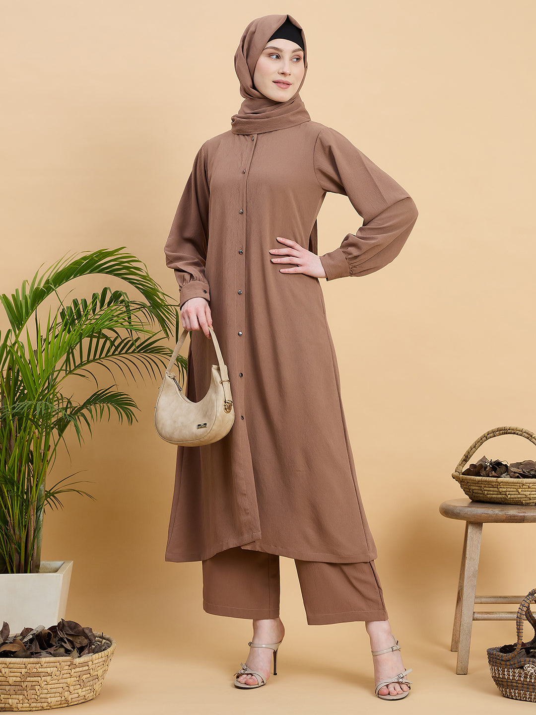 Rust Front Open Co-ord Set for Women with Matching Hijab