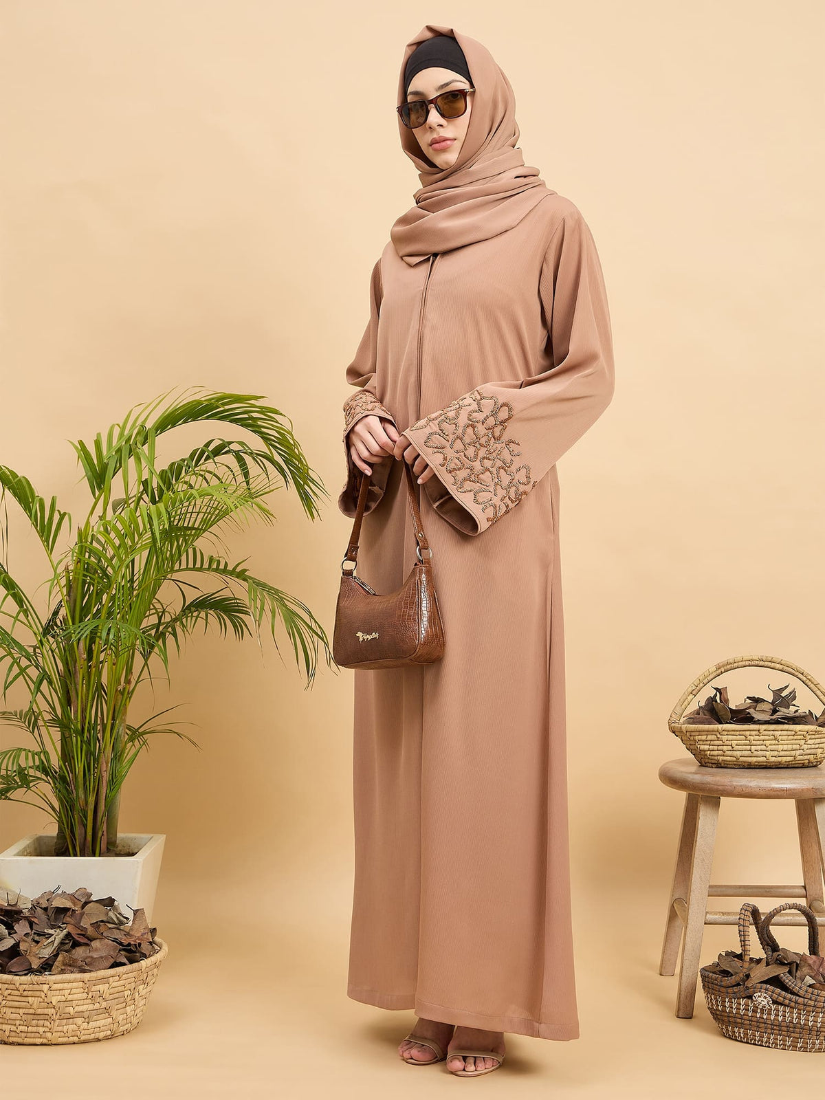 Modest Handworked Luxury Beige Abaya Burqa with Matching Hijab