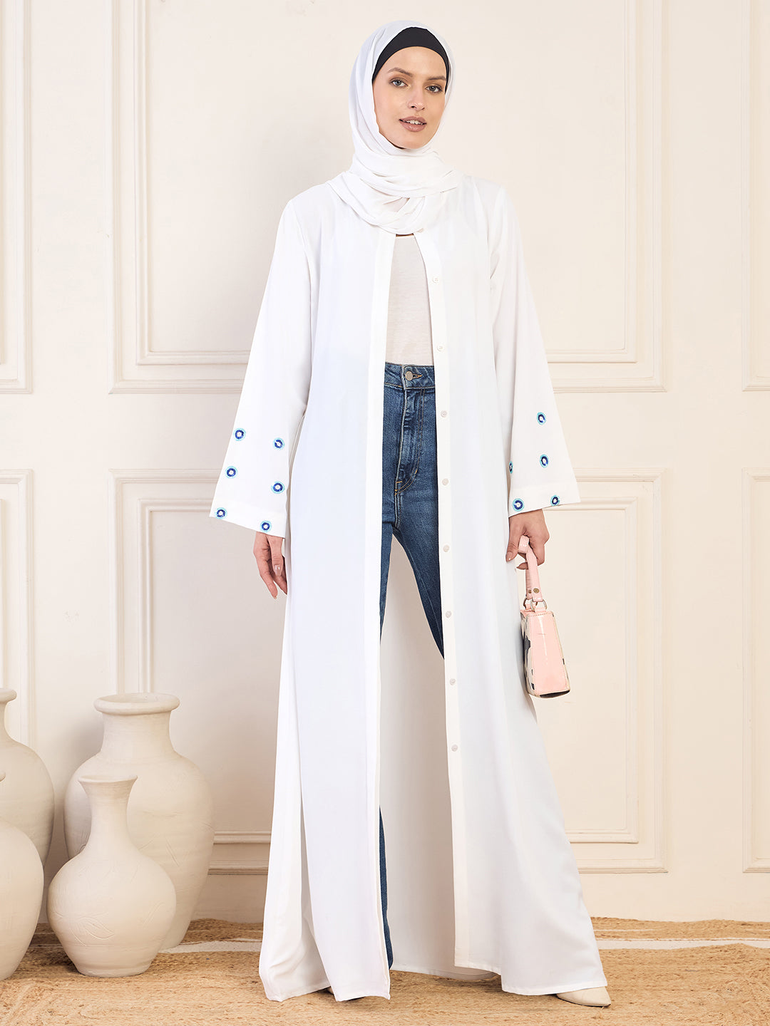 Nabia White Handwork Front Open Abaya with Matching Hijab