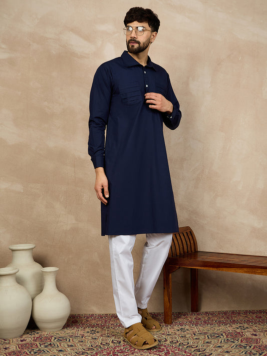 Nabia Blue Solid  Cotton Kurta For Men