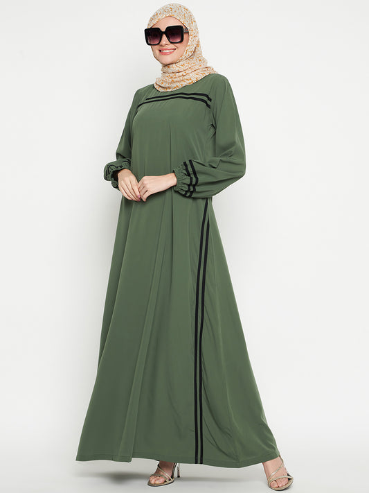 Nabia Women Jade Green Solid Aline Abaya Burqa with Black Georgette Scarf