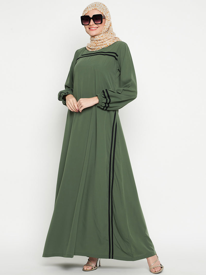 Nabia Women Jade Green Solid Aline Abaya Burqa with Black Georgette Scarf