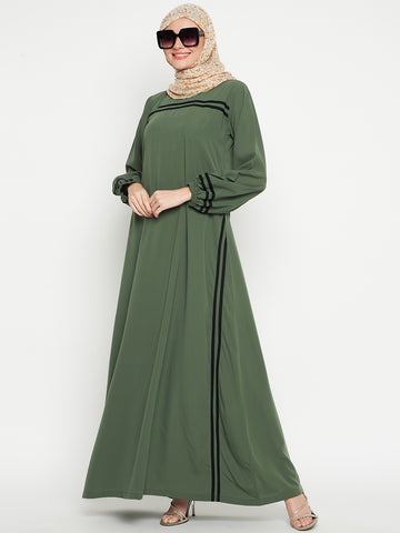 Nabia Women Jade Green Solid Aline Abaya Burqa with Black Georgette Scarf