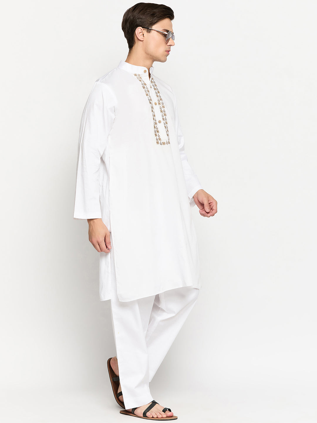 White Cotton Embroidery Details Men's Kurta Pajama Set