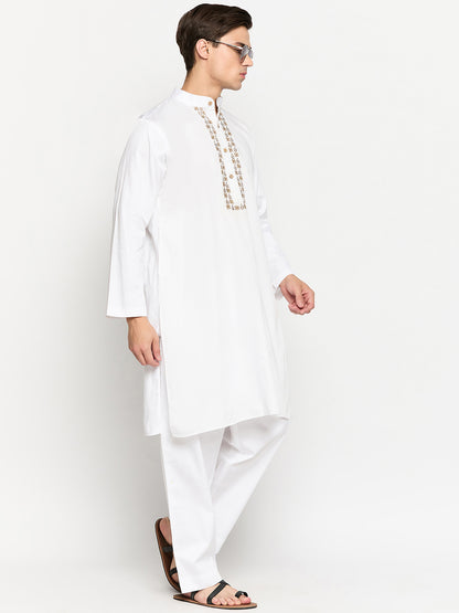 White Cotton Embroidery Details Men's Kurta Pajama Set