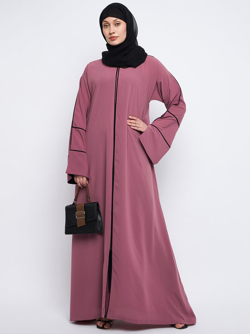 Nabia Women Solid A-line Nida Matte Pink Abaya Burqa With Black Georgette Scarf