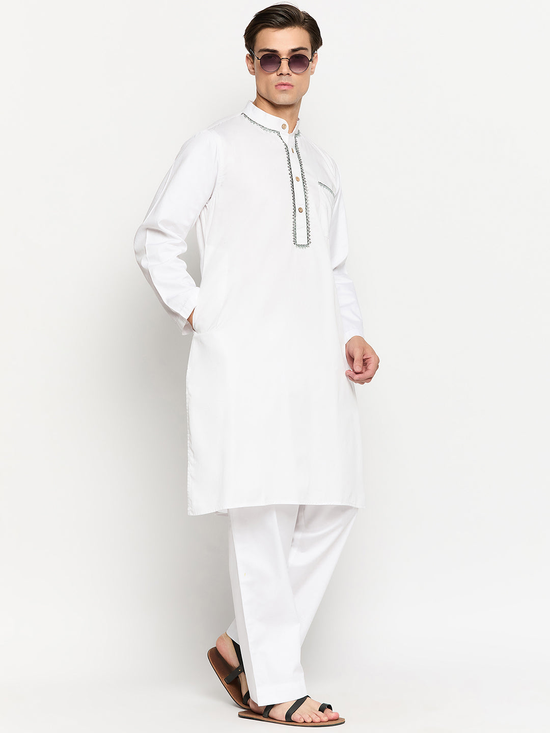 White Embroidery Mens Kurta Pajama Set