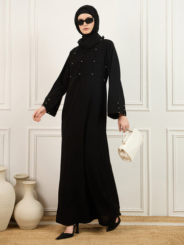 Nabia's Pearl design black Solid abaya burqa with Matching Georgette Hijab