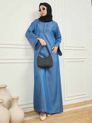 Nabia's Blue Solid Denim Abaya burqa with Black Georgette Hijab