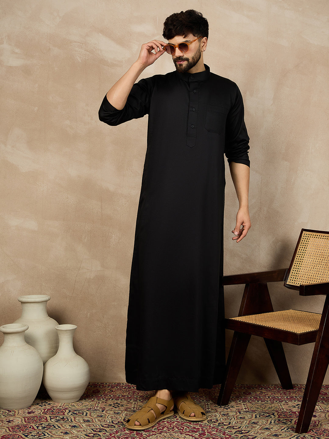 Nabia Black Mandarin Collar Cotton Jubba/Thobe