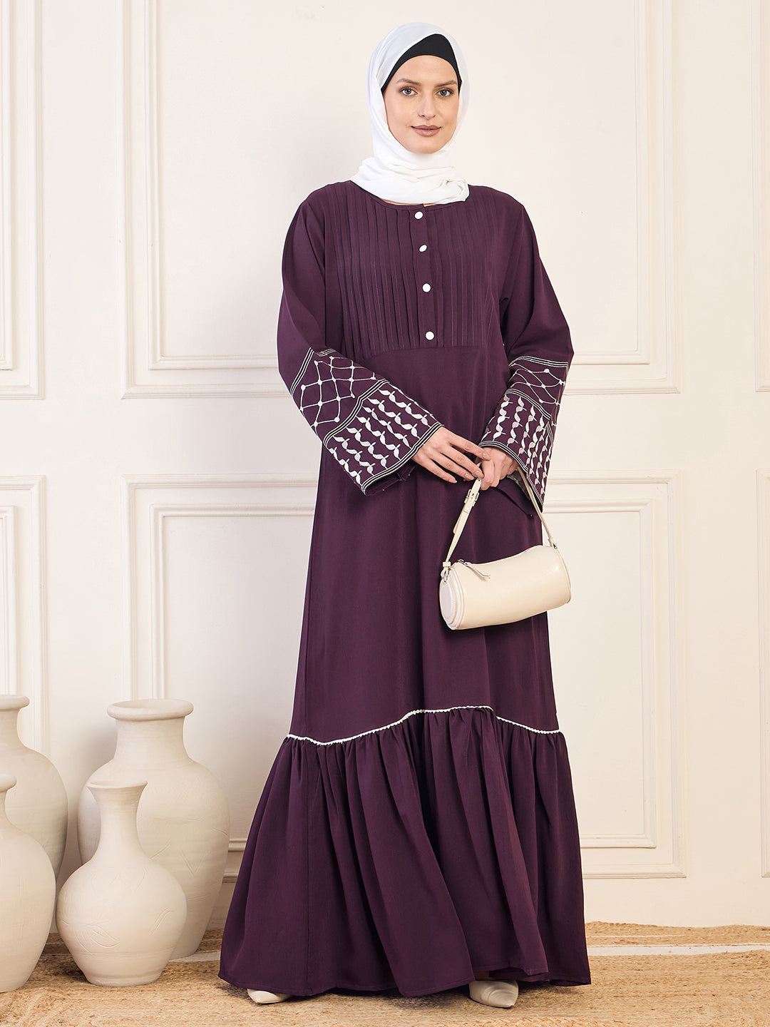 Nabia Women Kefiyyeh Embroidery Detailing Purple Solid Abaya Burqa With White Georgette Hijab