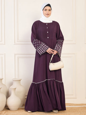 Nabia Women Kefiyyeh Embroidery Detailing Purple Solid Abaya Burqa With White Georgette Hijab