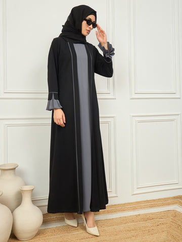 2 Piece Black and Grey Piping Detailing Shrug Set Abaya with Black Hijab for Women
