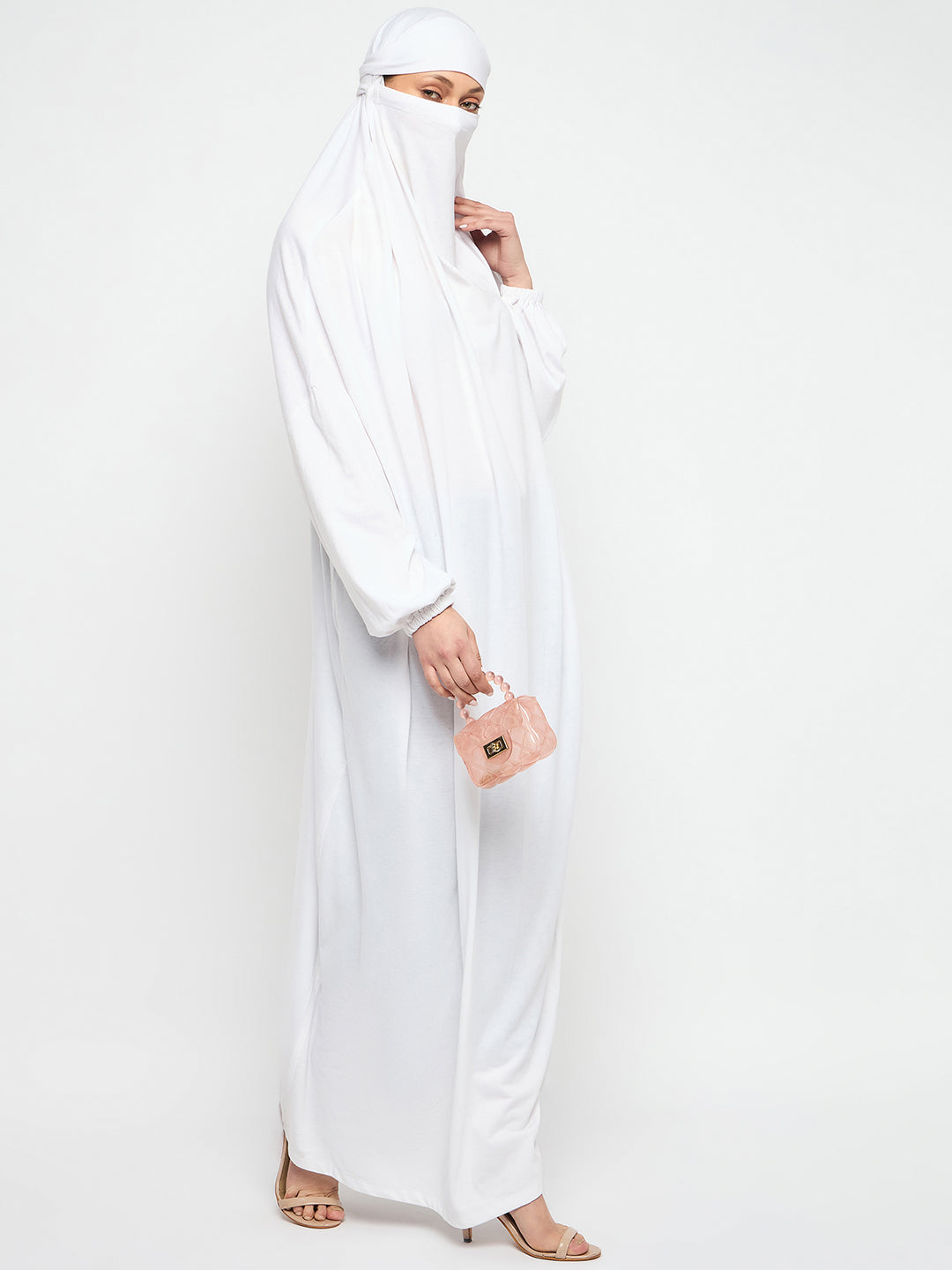 Nabia White Free Size Adjustable Nosepiece Cotton Fabric Jilbab Abaya for Girls and Women