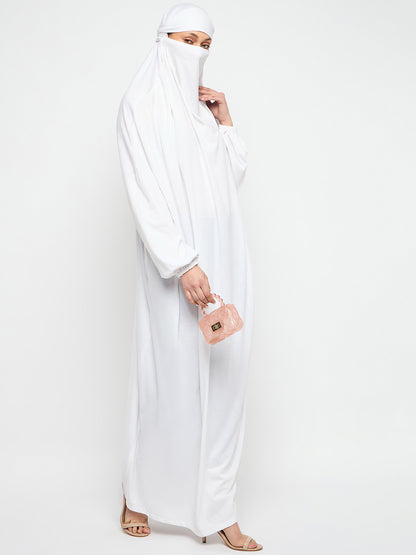 Nabia White Free Size Adjustable Nosepiece Cotton Fabric Jilbab Abaya for Girls and Women