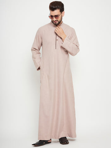 Nabia Beige Solid Mens Band Collar Thobe / Jubba with Brown Piping Design