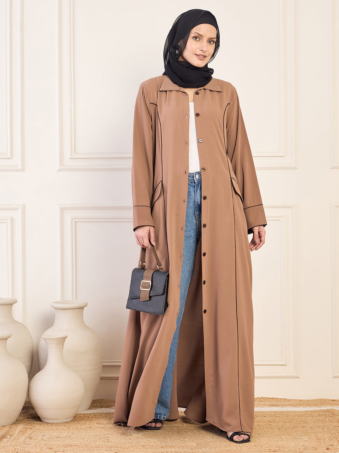 Nabia Rust Front Open Coat Abaya with Black Georgette Hijab