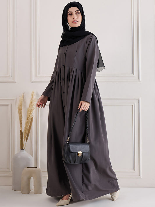 Nabia Grey Front Open Abaya with Black Georgette Hijab
