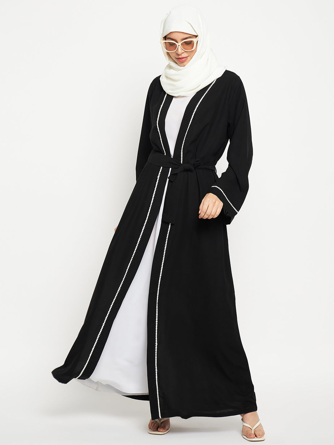 2 Piece Front Open Solid Lace Shrug Set Abaya with Black Georgette Scarf