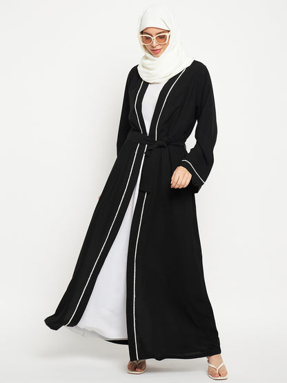 2 Piece Front Open Solid Lace Shrug Set Abaya with Black Georgette Scarf