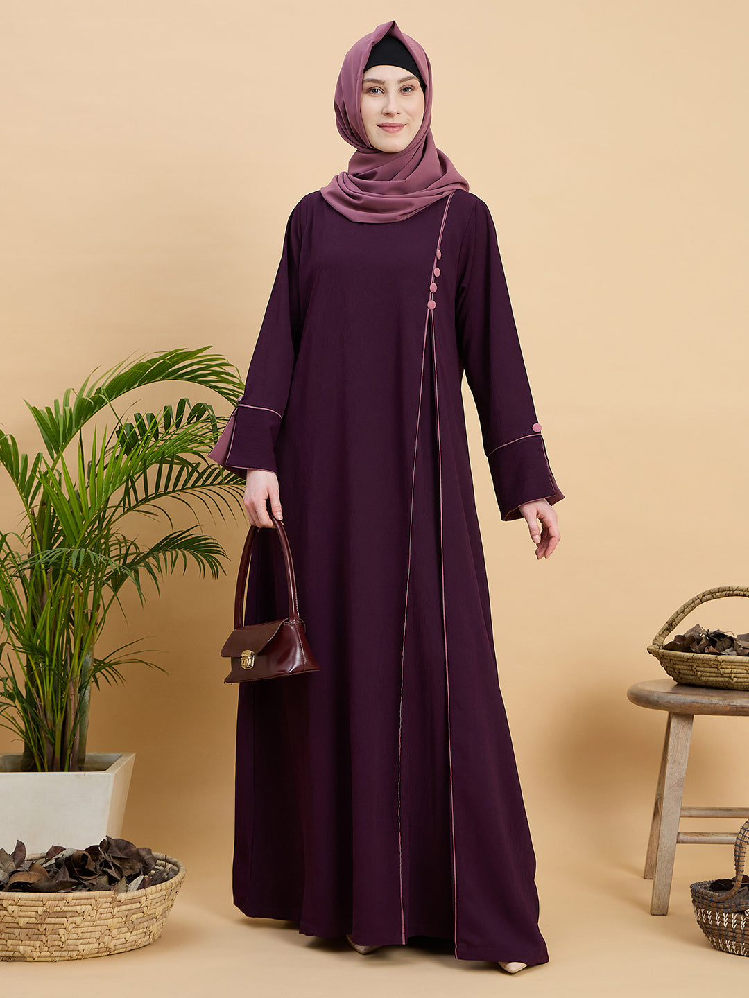 Purple Modest Solid Abaya Burqa with Hijab for Women