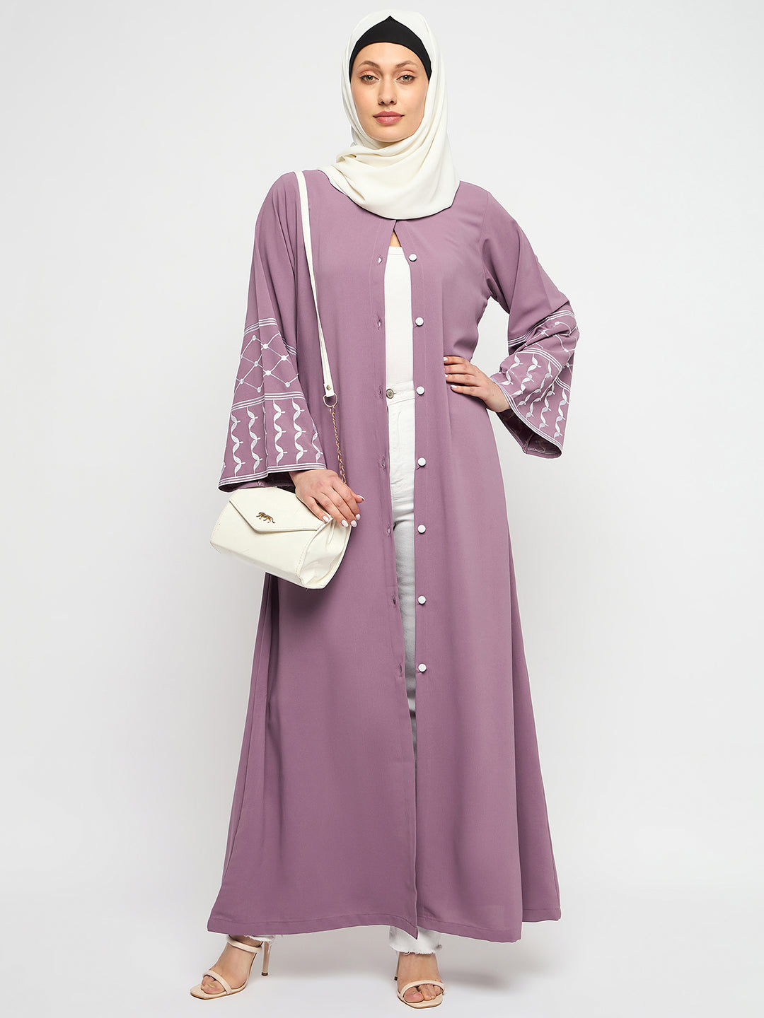 Nabia Front Open Kefiyyeh Embroidery Abaya with Black Scarf
