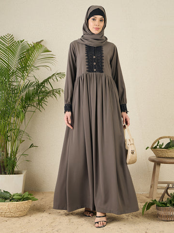 Nabia Grey Lace Work Women Abaya with matching hijab