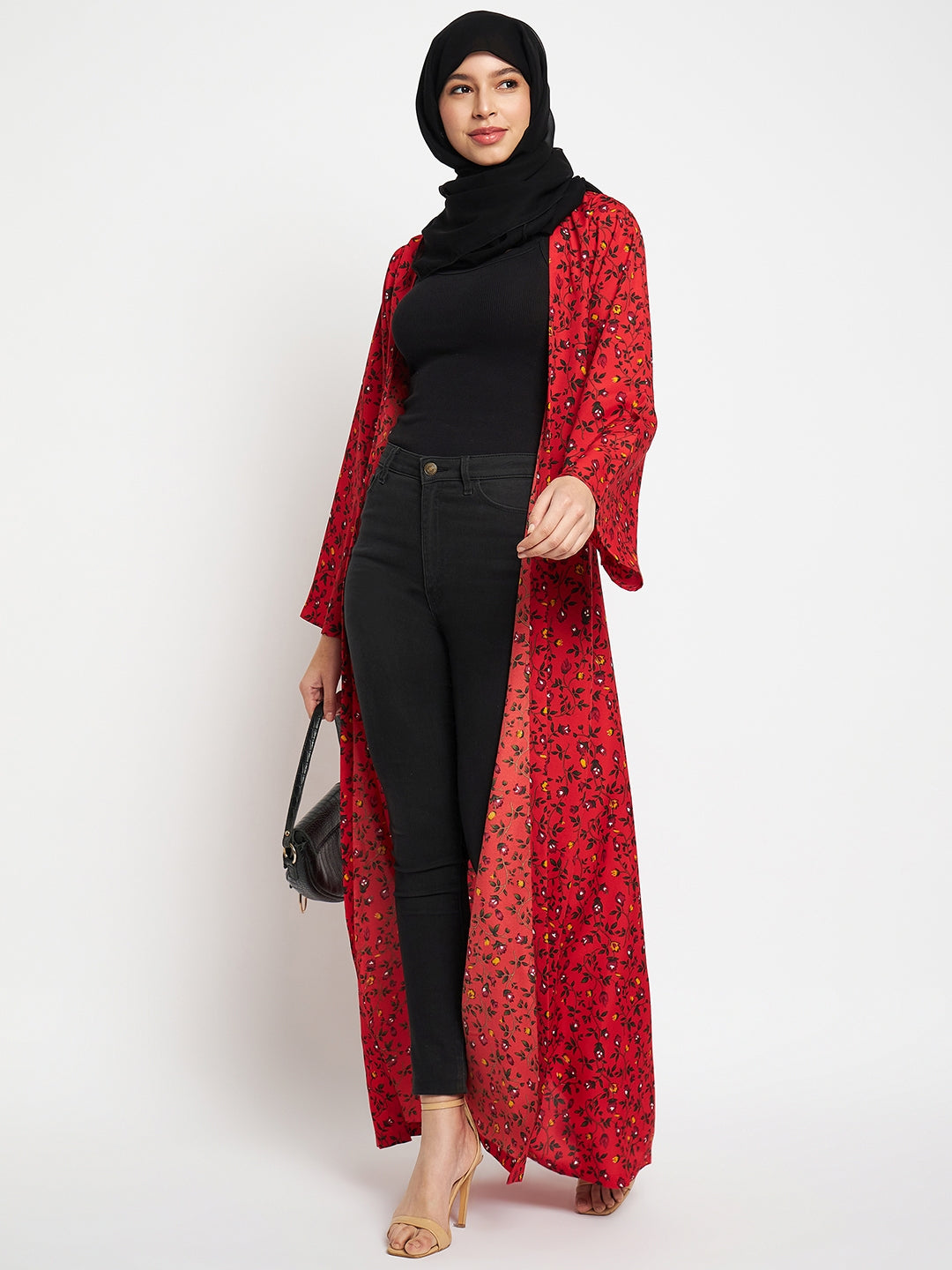 Nabia Women Red Floral Printed Front Open Shrug With Black Scarf