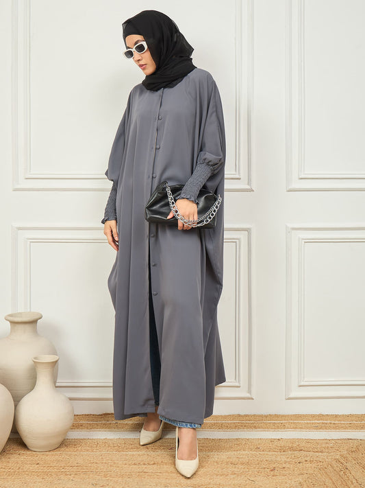 Nabia Grey Free Size Kaftan Abaya With Black Georgette Scarf