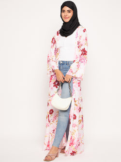 Nabia Women Multicolor Printed Front Open Shrug Abaya with Black Scarf