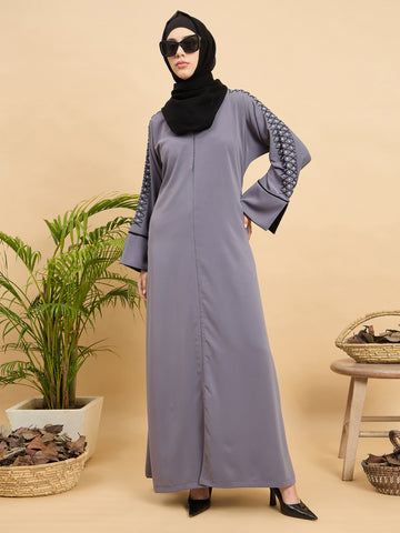 Modest Luxury Handworked Grey Abaya with Black Georgette Hijab