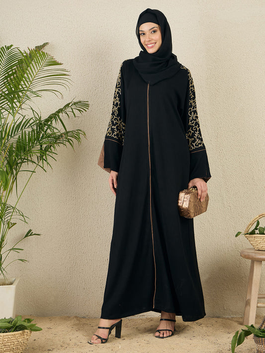 Front Open Black Embroidered Abaya with black hijab