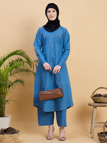 Front Open Blue Denim Co-ord set for women