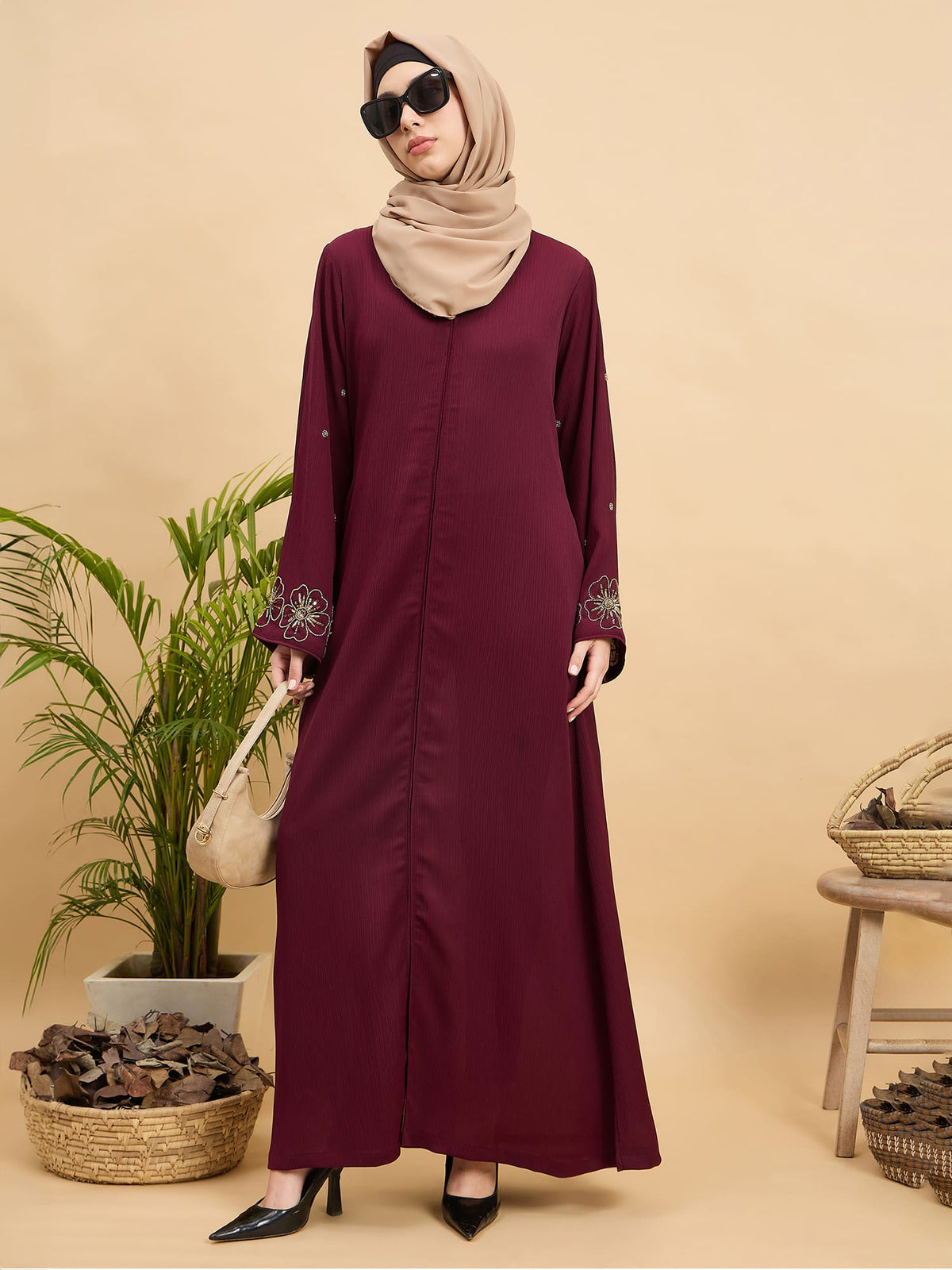 Modest Handworked Luxury Maroon Abaya Burqa with Beige Hijab