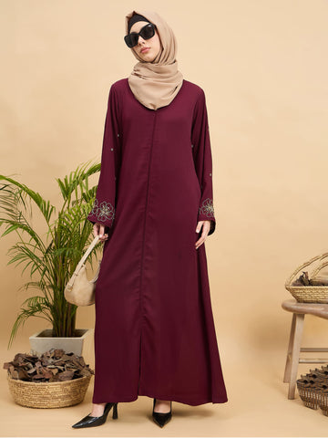 Modest Handworked Luxury Maroon Abaya Burqa with Beige Hijab