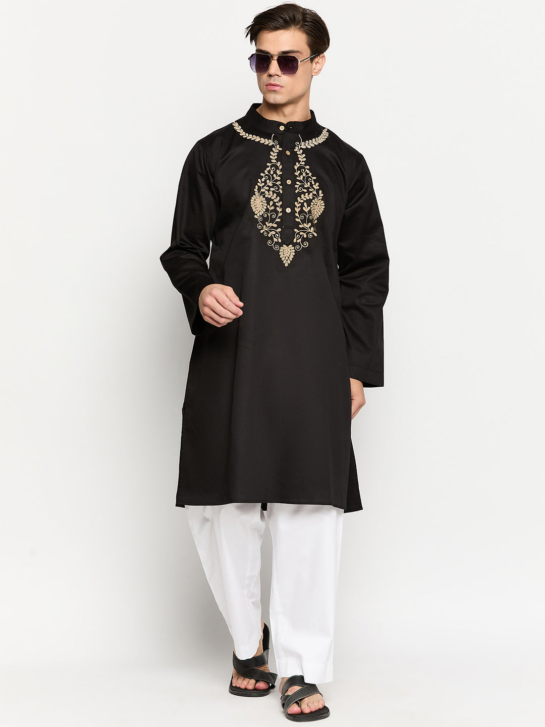 Embroidery Black Kurta and White Pajama Set
