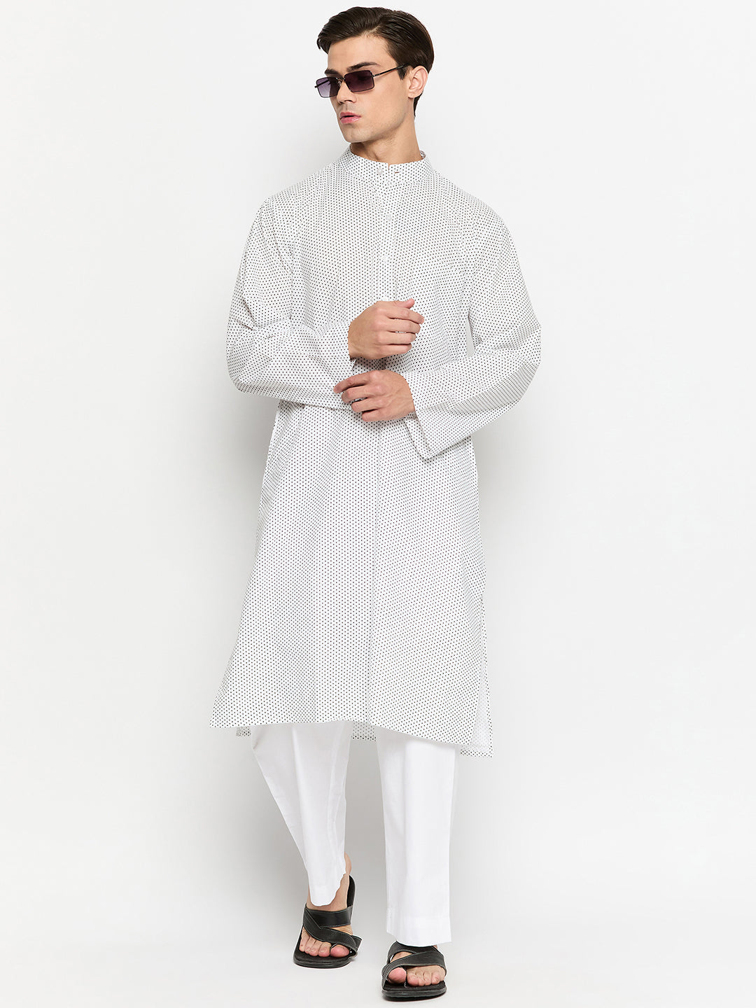 Cotton White Polka Dot Kurta Pajama Set For Men