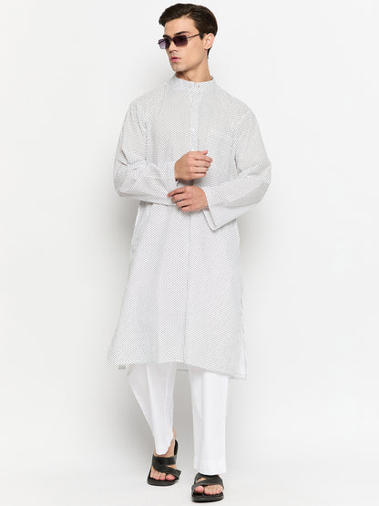 Cotton White Polka Dot Kurta Pajama Set For Men