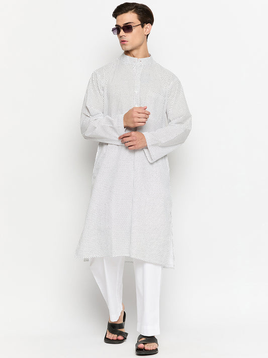 Cotton White Polka Dot Kurta Pajama Set For Men