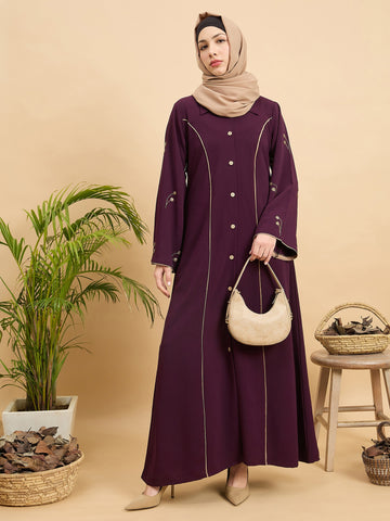 Modest Luxury Front Open Purple Abaya with Beige Hijab for Women