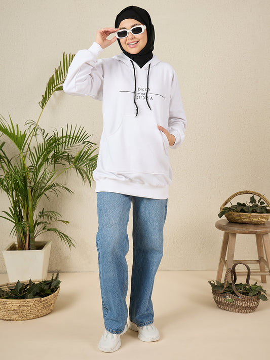 Women's Modest White Fleece Deen Over Dunya Winter Hoodie