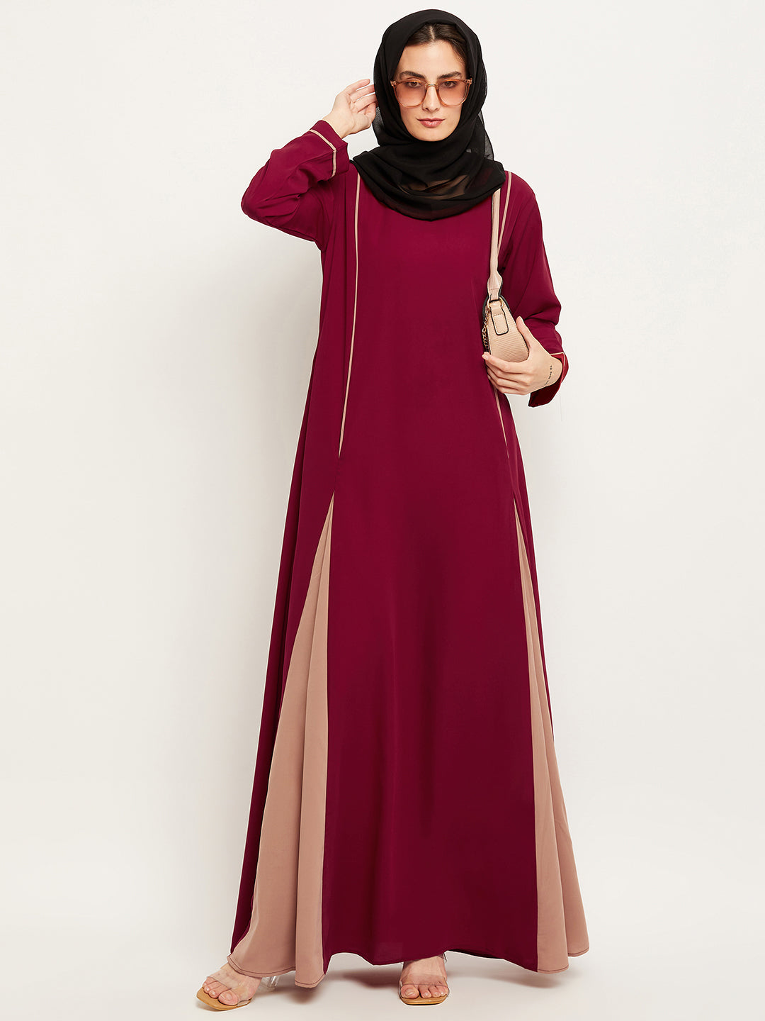 Nabia Women Solid Maroon and Beige Abaya Burqa with Georgette Scarf