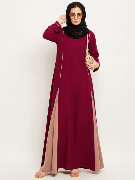 Nabia Women Solid Maroon and Beige Abaya Burqa with Georgette Scarf